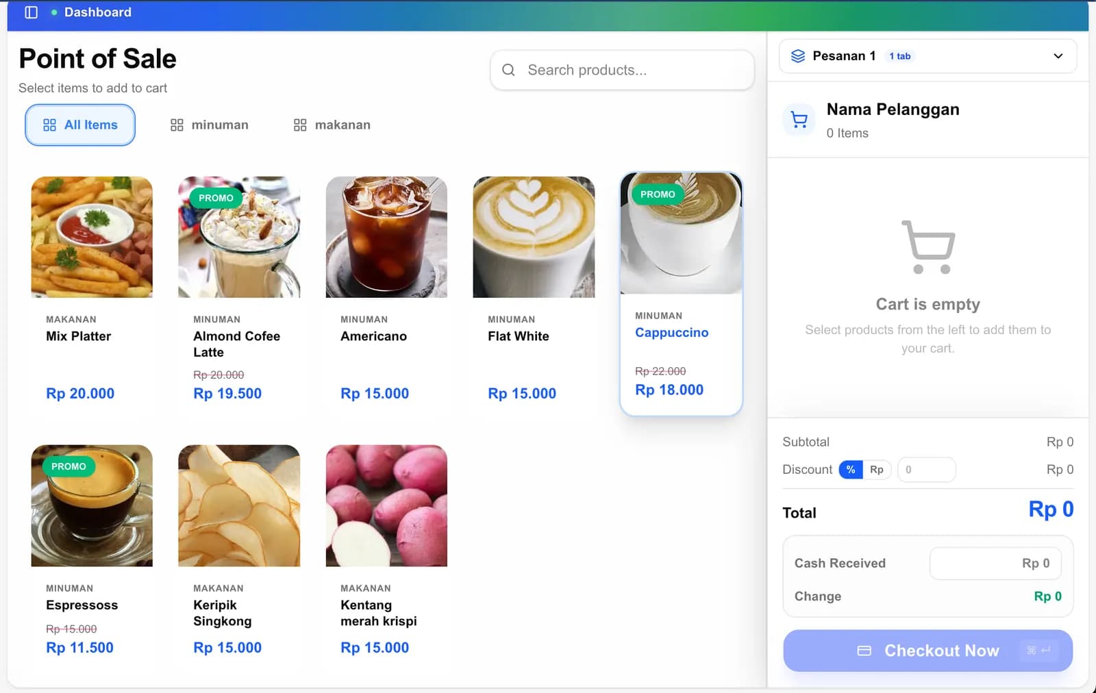 Kasir (POS) Ulun Pesan dengan produk dan keranjang