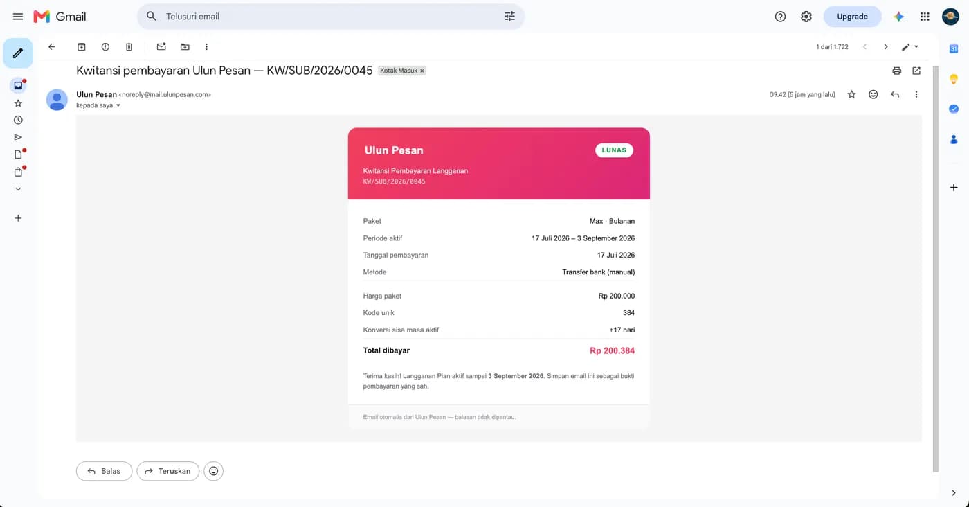 Kwitansi pembayaran Ulun Pesan di Gmail